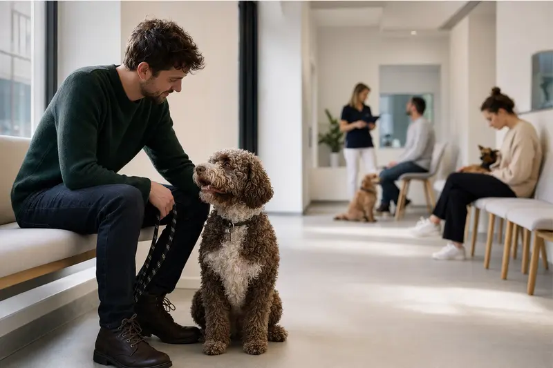 Ein Perro de agua Americano sitzt ruhig neben seinem Besitzer im hellen Wartezimmer einer modernen Tierarztpraxis.